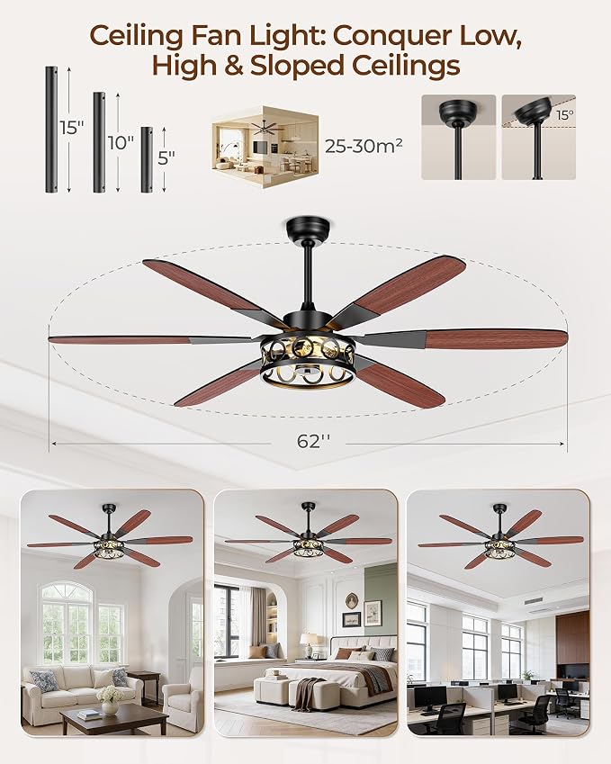 Ceiling Fans with Lights and Remote, 62'' Vintage Caged Ceiling Fan with Light, 6 Blades, 6+1 Speed, Flush Mount Ceiling Fan Whisper-quiet for Farmhouse, Living Room, Kitchen and Porch (62 Inch)