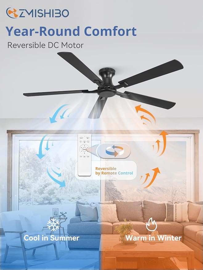 ZMISHIBO 60 Inch Ceiling Fan No Light, Flush Mount Low Profile, Modern Black Ceiling Fan Without Light, Remote Control & Quiet DC Motor, for Indoor&Outdoor, Bedroom, Living Room