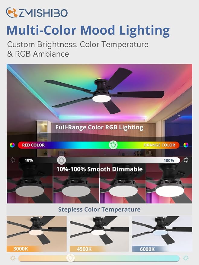 ZMISHIBO 52 Inch Smart Ceiling Fans with RGB Lights, Low Profile Flush Mount Ceiling Fan with Alexa/App/Remote Control, Dimmable 20W LED Light, Black Modern Fan for Living Room, Bedroom, Game Room