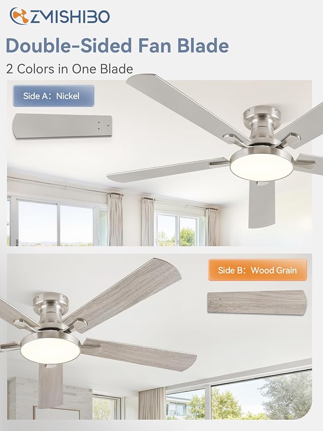 ZMISHIBO 52 Inch Flush Mount Ceiling Fan with Light, Remote&APP, Nickel | 6-Speed Quiet DC Motor, Dimmable 24W LED with 3CCT (3000K-6500K), Modern Low Profile for Living Room, Bedroom, Kitchen