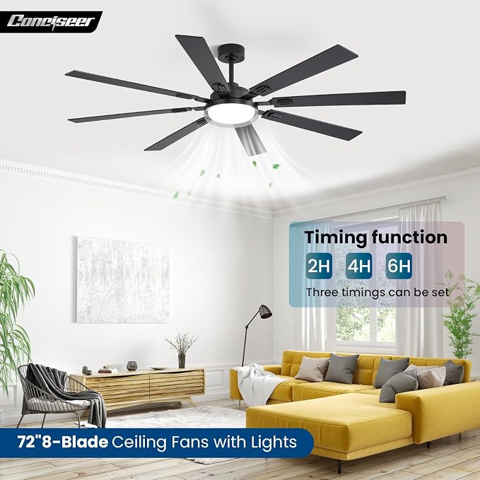 72 Inch Ceiling Fans with Lights and Remote, Living Room Office Library Industrial, 5CCT Dimmable, Dual Color 8 Blades, 6 Speed Reversible Quiet DC Motor, Double-Layer Lampshade, Black/Wood Grain