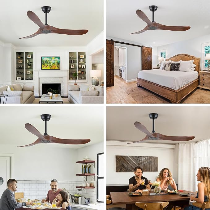 Walnut Wood 52" Ceiling Fan, No Light, 6-Speed, Reversible 3 Blades, Timed Shutdown, Silent DC Motor, for Bedroom, Porch and Living Room