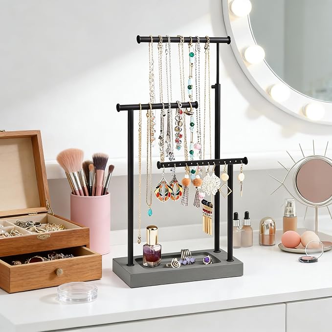 SRIWATANA Weathered Grey & Black Jewelry Organizer, 3-Tier Necklace Stand | Rustic Jewelry Stand with Wood Tray Base; Tangle-Free Storage for Long Necklaces, Earrings with Holes, and Rings