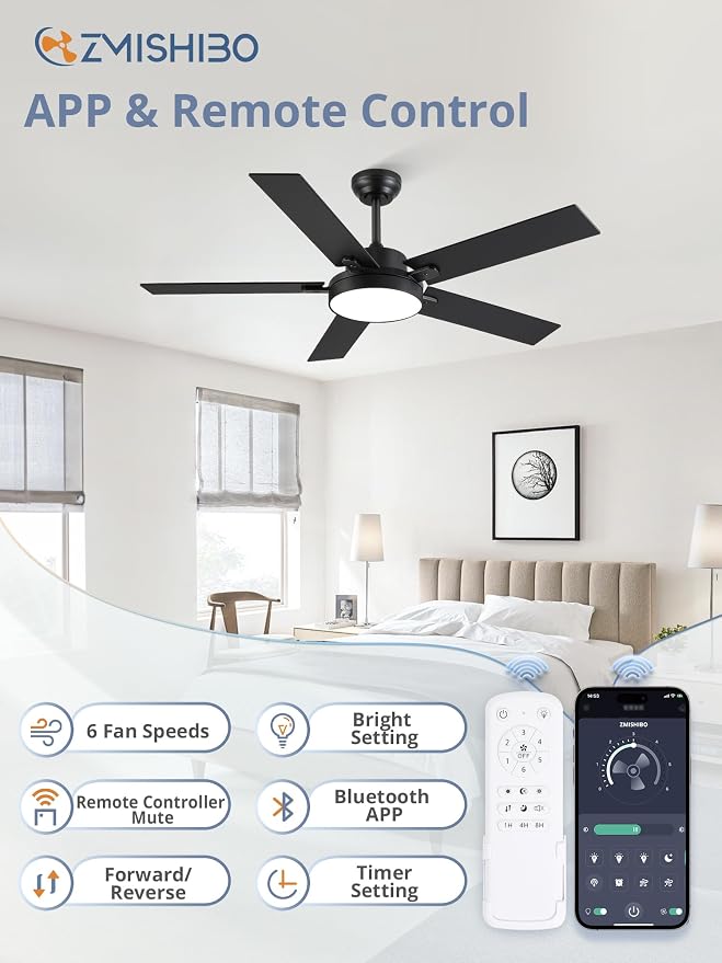 ZMISHIBO 52 Inch Ceiling Fans with Lights, Smart Remote/APP Control, Modern Ceiling Fan with 6 Speeds & 3CCT, Dimmable 30W LED, Quiet DC Motor, Noiseless for Living Room, Bedroom, Kitchen, Black