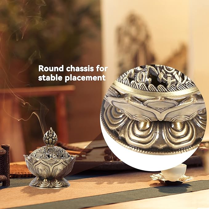 Vintage Backflow Incense Burner Bowl, Lotus Incense Holder Charcoal Censer Ash Catcher Stick Cone Reel Incense for Powder Cone or Coil Incense (Bronze)
