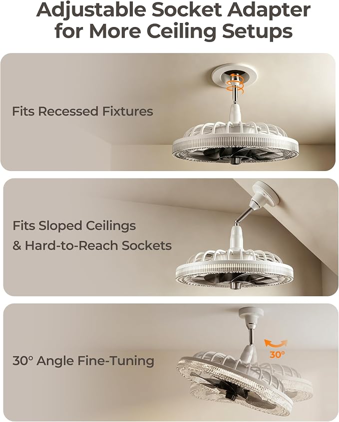 Low Profile Screw in Ceiling Fan Light, 2200LM Dimmable Light Socket Fan with Remote Control and Extender, Small Light Bulb Fan Combo for Recessed, Laundry Room, Closet, Garage, Basement, Pantry