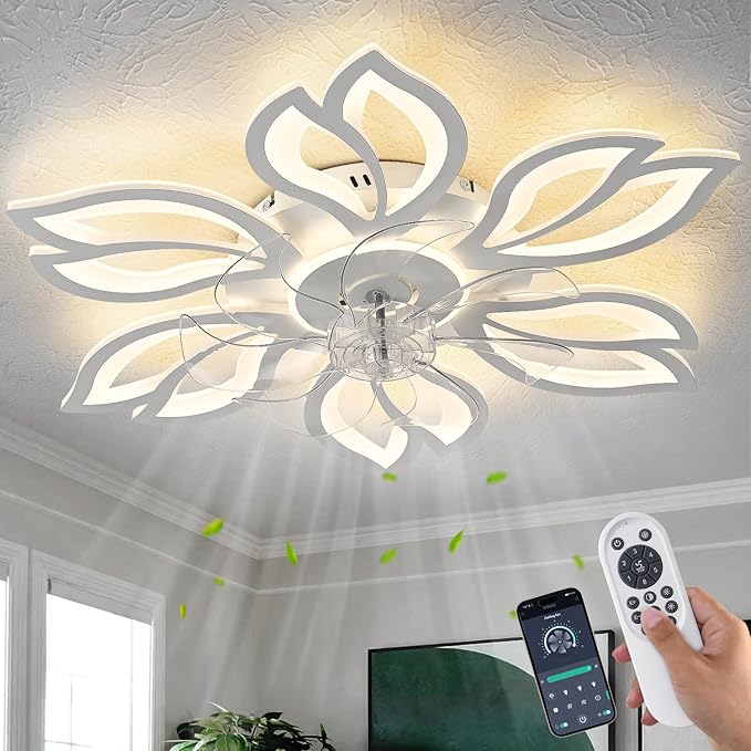 White Flower Modern Ceiling Fans with Lights, Low Profile Ceiling Fan with Remote for Bedroom, Flush Mount Ceiling Fan with LED Dimmable Light,3-Colors, 6-Speeds, Ceiling Fans Light