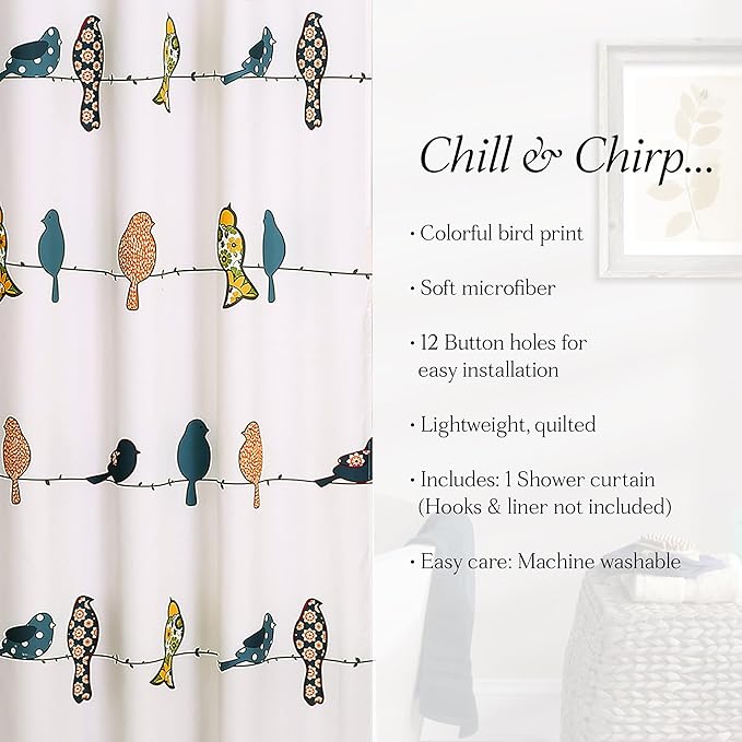 Lush Decor Rowley Birds Shower Curtain, 72” W x 72” L, Multi - Colorful Floral Bird Pattern - Whimsical & Playful Bird Shower Curtain - Farmhouse, Coastal, & Boho Bathroom Decor