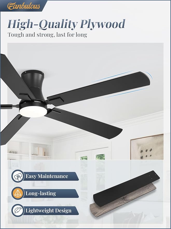 Fanbulous 60 inch Ceiling Fan with Light, Low Profile Ceiling Fan with Light, App&Remote Control, Dimmable LED Light, Flush Mount Ceiling Fan for Indoor Bedroom Living Room, Qiuet DC Motor