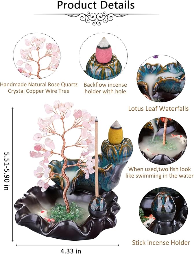 Jovivi Backflow Incense Burner Ceramic Incense Waterfall, Natural Rose Quartz Healing Crystal Money Tree Incense Holder for Wealth, Good Luck, Yoga Meditation, Home Decor