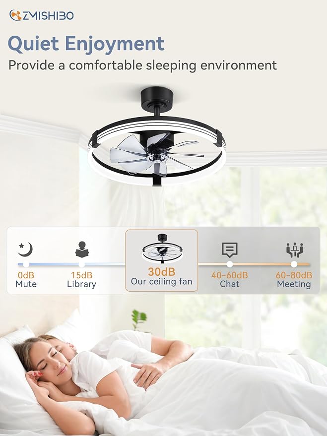 ZMISHIBO 23" Ceiling Fans with Lights and Remote, Low Profile Ceiling Fan with Light, 3 CCT, Stepless Dimmable, 6 Speeds, Noiseless, App & Remote Control, Black Fan Light for Bedroom, Living Room
