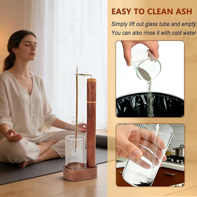 Wood Incense Holder for Sticks with Glass Ash Catcher-Airtight StorageTube,Portable Incense Burner for Yoga Meditation Travel Home Gift