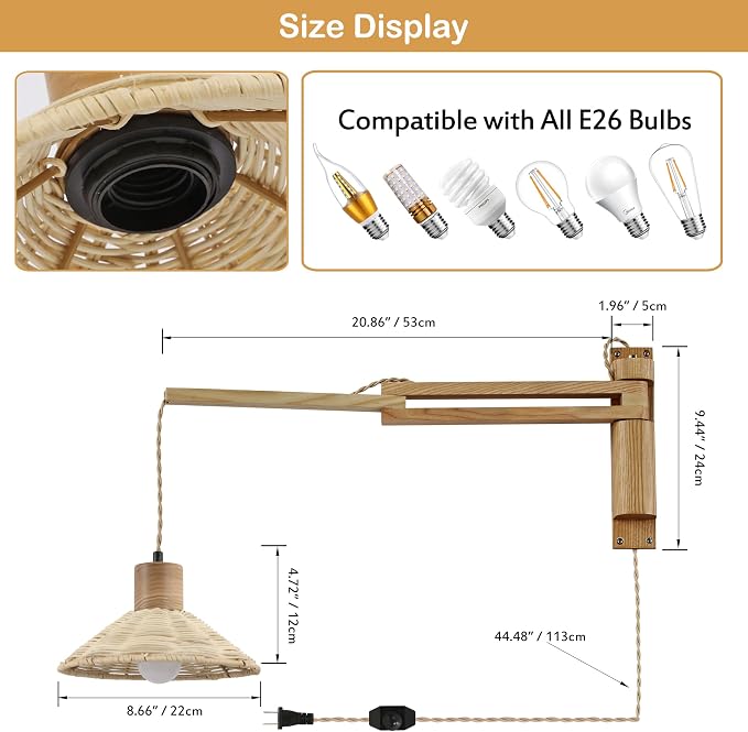 Wood Plug in Wall Sconces, Swing Arm Wall Lamp with Dimmable On Off Switch, Vintage Wall Mounted Light Fixture with Cord for Bedroom Nightstand Bedside Reading Lamp - Bulb Included