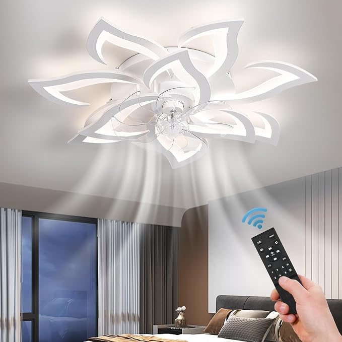 32" White Flower Ceiling Fan with Light Remote Control, Low Profile Flush Mount Ceiling Fan for Kitchen Bedroom Living Room