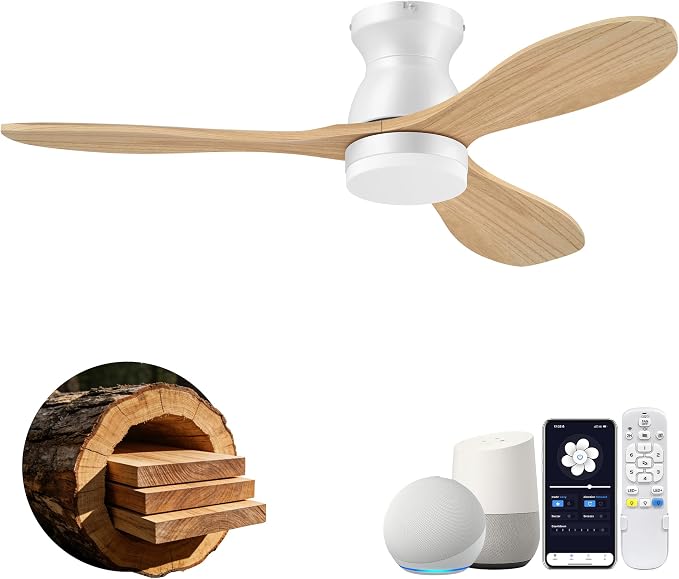 42" Wood Ceiling Fans with Lights,Smart Control via Remote WiFi Alexa APP,Quiet DC Motor,Modern Flush Mount Ceiling Fan for Low Profile Bedroom,Patio,3 Blade,Natural Wood and White,Outdoor Indoor,Dim