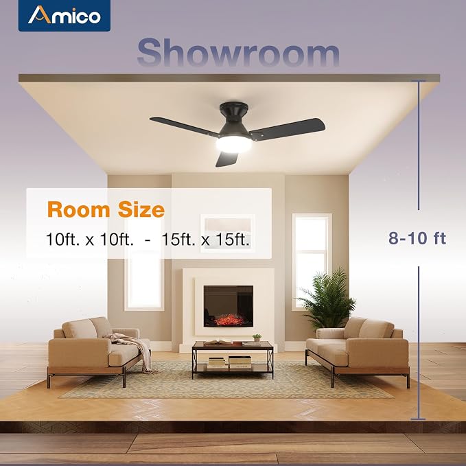 Amico 2 Pack Ceiling Fans with Lights, 42 inch Low Profile Ceiling fan with Light and Remote Control, Flush Mount, Reversible, 3CCT, Dimmable, Noiseless, Black Ceiling Fan for Bedroom, Indoor/Outdoor