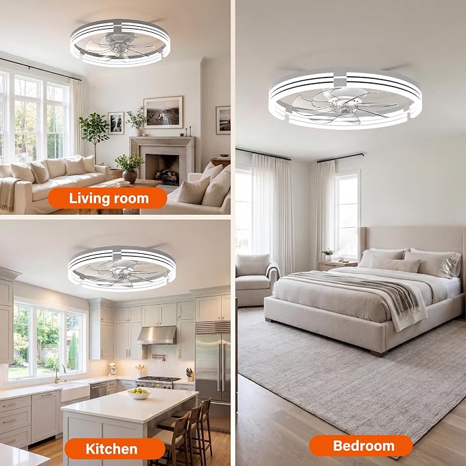 Ceiling Fans with Lights and Remote, 20'' Low Profile Ceiling Fan with APP Control, 3000K-6500K Dimmable, Quiet Reversible DC, Modern Flush Mount Fandelier for Bedroom (White-Stripe)