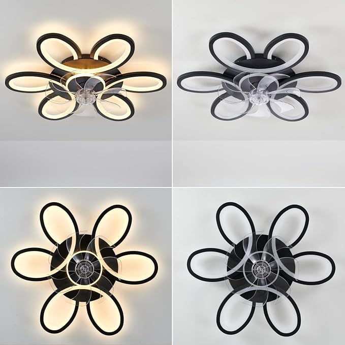 Black-Star Ring Ceiling Fans with Lights and Remote, 27 Inch Modern Low Profile Flush Mount Ceiling Fan, Dimmable LED Ceiling Light Fixture, Small Ceiling Fans for Bedroom, Kitchen, Indoor-Black