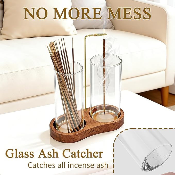 Ceremony Incense Holder, 2 in 1 Wooden Incense Holder for Sticks, Anti-ash Incense Burner with Glass Ash Catcher for Meditation Yoga Spa Room Decor
