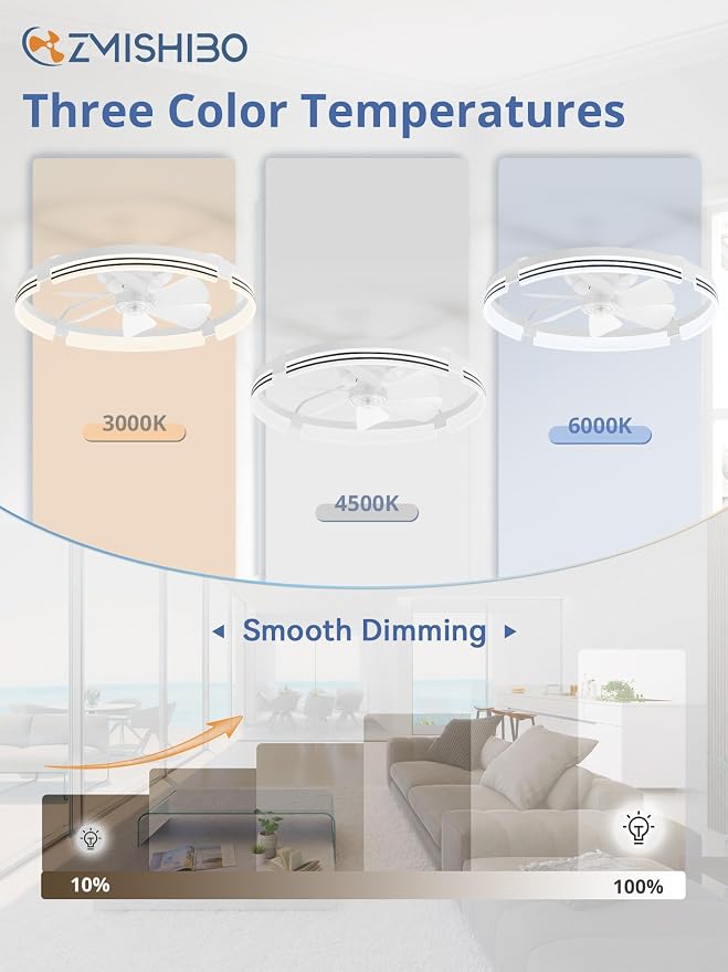ZMISHIBO 24 Inch Low Profile Ceiling Fans with Lights and Remote, 3000K-6000K Dimmable Fandelier LED Fan Light, Flush Mount Ceiling Fan with Light, 6 Wind Speeds Ceiling Fans for Bedroom- White