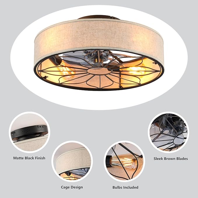 20" Flush Mount Caged Ceiling Fan With Light,Low Profile Fabric Farmhouse Bladeless Ceiling fan With Remote Control,Ceiling Fans with 6 Speeds Reversible Silent Fandalier for Bedroom