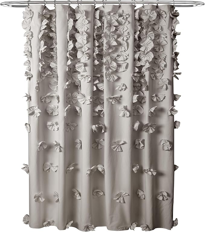 Lush Decor Riley Shower Curtain, 72" W x 72" L, Light Gray - Bathroom Curtain - Coquette Decor - Bow Shower Curtains - Cottage Core - Fabric Shower Curtains