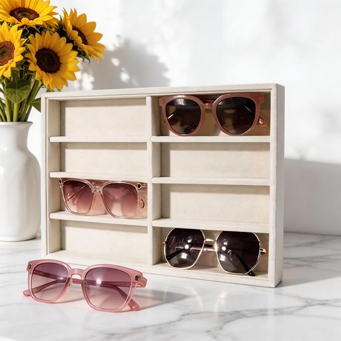 Sunglass Organizer, 8 Grids Beige Velvet Glasses Tray for Eyeglasses Watches Jewelry Display Handmade Craft Storage Box for Home or Shop, Large Capacity 13.8"x9.4" Men Women