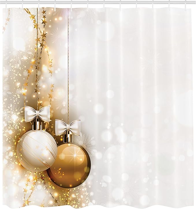 Ambesonne Christmas Shower Curtain, Featured Xmas Baubles with Ribbon Holiday Wish Artwork Image Illustration, Cloth Fabric Bathroom Decor Set with Hooks, 69" W x 75" L, White and Beige