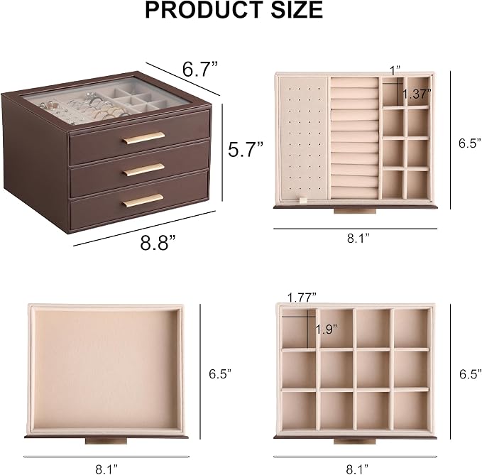 Frebeauty Jewelry Box for Women,Clear Lid Jewelry Organizer with 3 Drawers | Faux Leather,Velvet Lining,3 Layers,Jewelry Storage for Ring Earring Stud,Dustproof Design,Gift Choice,Golden Stylish Handle