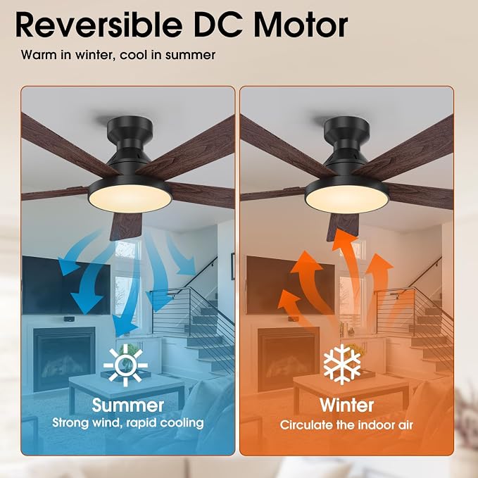 Ceiling Fans with Lights, 52 inch Low Profile Ceiling Fan with Light, Remote/App Control, Flush Mount Black Ceiling Fan for Bedroom, Indoor/Outdoor (Dark Wood)