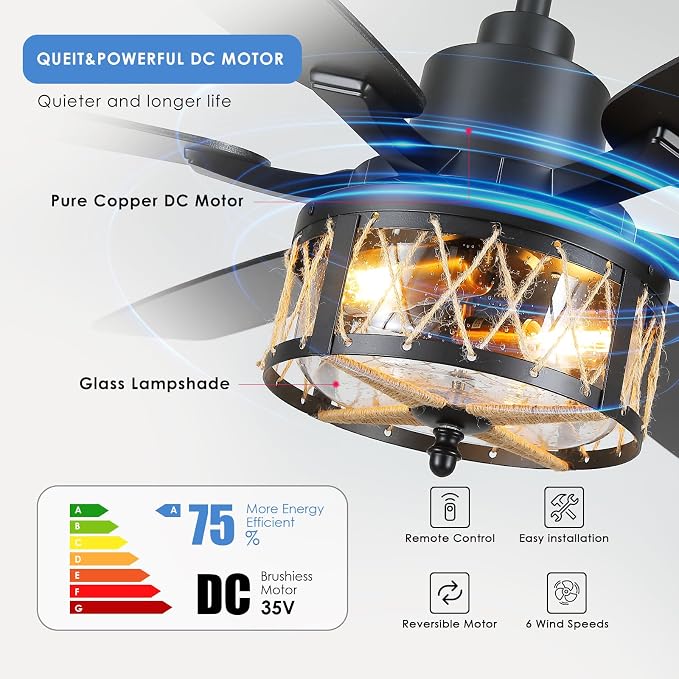 Hounberi 52" Farmhouse Ceiling Fan with Light and Remote, Black Industrial Caged Ceiling Fans with Seeded Glass & Jute Rope Shade, Reversible DC Motor, Rustic Ceiling Fan for Dining Room Bedroom