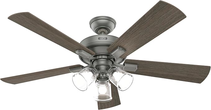 Hunter Fan Company 51857 Crestfield Ceiling-Fans, Matte Silver, AAA | with LED Lights and Remote Control, Standard Mount, For Bedroom, Living Room, Kitchen, 3 inch Downrod, 51857