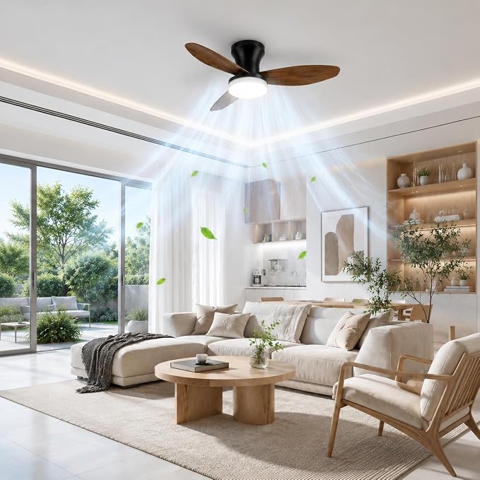 35 In Small Low Profile Ceiling Fan Light Remote Walnut Indoor | Quiet 6-Speed Airflow,3CCT Dimmable Lights,Memory for Light,2/4H Timer,Reversible DC Motor,Bedroom Living Indoor Outdoor Use