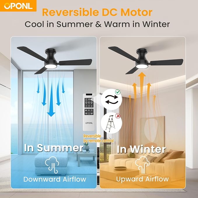 OPONL Ceiling Fan with Light, 42 inch Low Profile Ceiling fan with Light and Remote Control, Reversible, 6CCT, Dimmable, Noiseless, Black Ceiling Fan for Bedroom, Indoor/Outdoor Use, Modern
