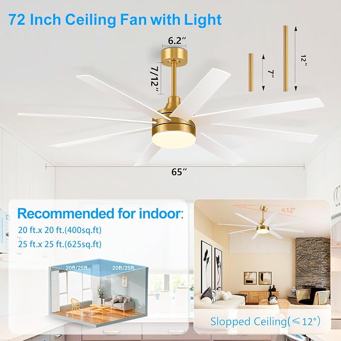 65 Inch Ceiling Fan with Lights and Remote, 8 ABS Blades, Quiet Reversible DC Motor, 6-Speed, Timer Function, 3 Color Led Light Chandelier, Industrial Ceiling Fans for Bedroom Office (Gold & White)