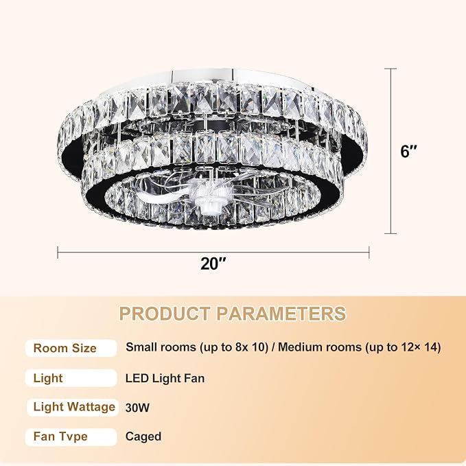 Depuley Modern Ceiling Fan with Lights: 20" Sliver Chandelier Cagd Fan with Remote Control - Modern Crystal Fandelier for Girl's Bedroom Living Room Nursery