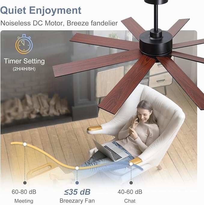 52 Inch Ceiling Fan No Light, Modern Ceiling Fan with Remote Control, Quite DC Motor 8 Reversible Blades Indoor Outdoor Industrial Ceiling Fan without Light For Living Room Bedroom Patio Garage