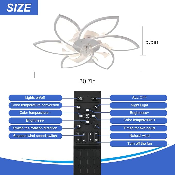 30" Geometric Ceiling Fan with Light Remote Control, 6 Speeds 3 Colors, White Low Profile Flush Mount Ceiling Fan for Kitchen Bedroom Living Room