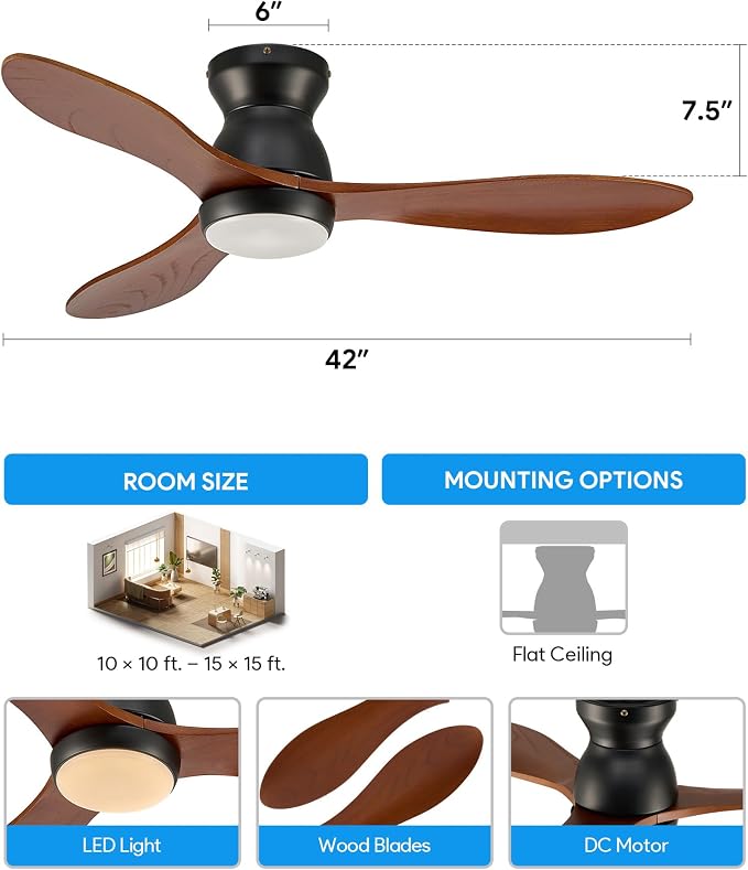 VONLUCE Wood Ceiling Fan with Lights, 42 Inch Flush Mount Ceiling Fan and Remote, 6-Speeds Quiet Reversible DC Motor, 3CCT, Natural Wood 3 Blades Outdoor Ceiling Fan for Patios Farmhouse, Black