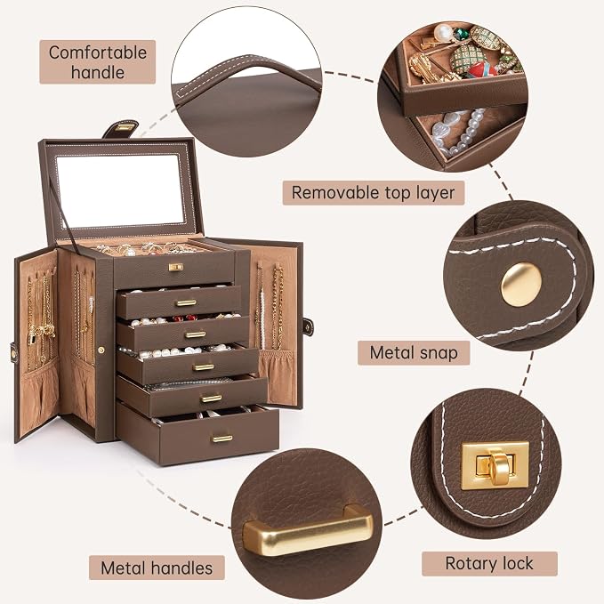 AKOZLIN 6-Tier Jewelry Box Organizer Functional 5 Drawers Leather Jewelry Storage Case for Women Girls Ring Necklace Earring Bracelet Holder Organizer with Mirror Medium Brown