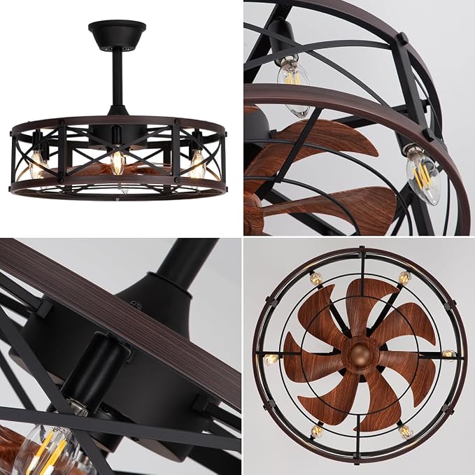 SHLUCE 22" Farmhouse Caged Ceiling Fan with Light, Rustic Fandelier Ceiling Fans with Lights and Remote, Modern Large Caged Bladeless Ceiling Fans with Lights for Kitchen, Bedroom, Brown - ETL