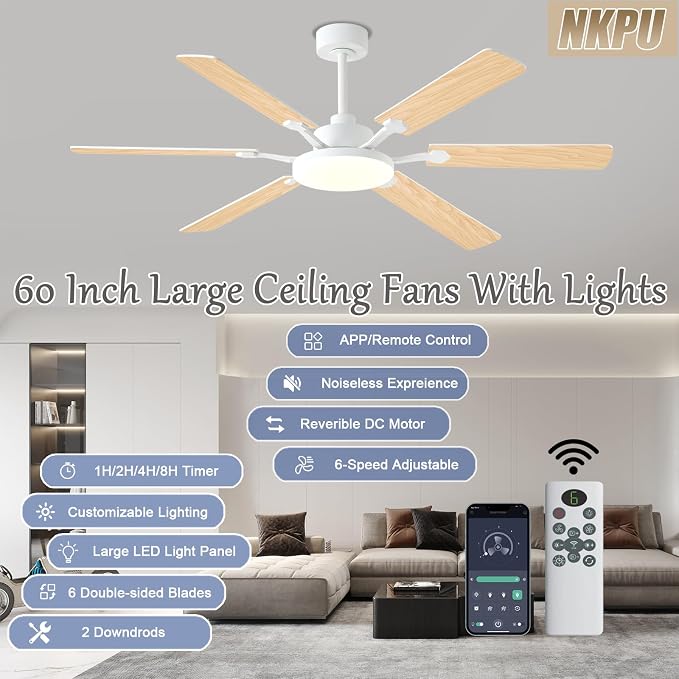 60 Inch Ceiling Fans with Lights, Large Modern White Ceiling Fan with Light and Remote Control, 6 Double Sided Blades, 6 Speed Reversible Motor, Dimmable LED, Silent Timing, Indoor Outdoor Patio Use