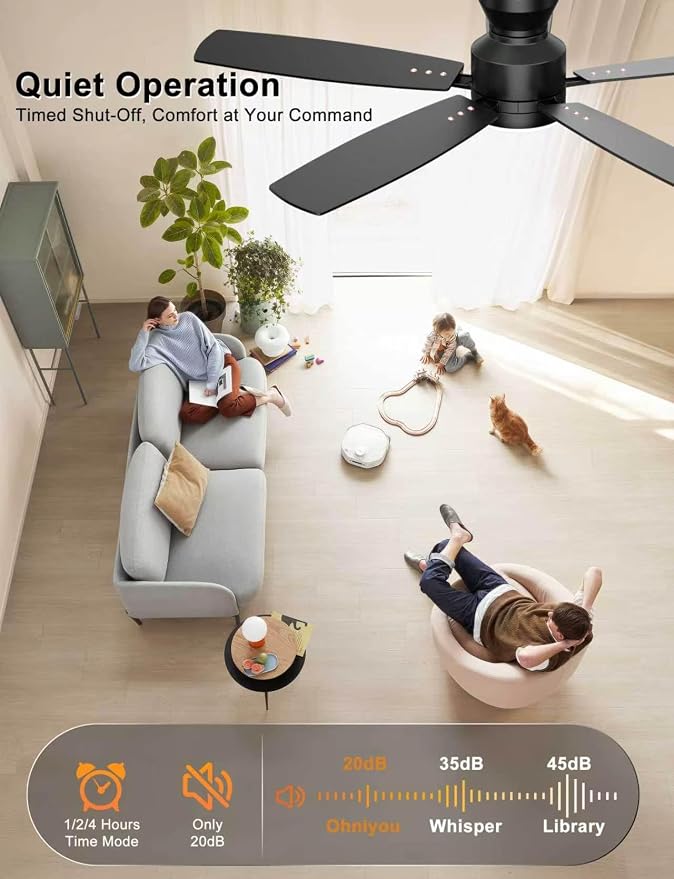 Ohniyou Ceiling Fans with Lights, 52'' Low Profile Ceiling Fan with Light and Remote/APP Control, Modern Flush Mount Ceiling Fan for Indoor Bedroom Living Room, Dimmable, Quiet DC Motor, Black