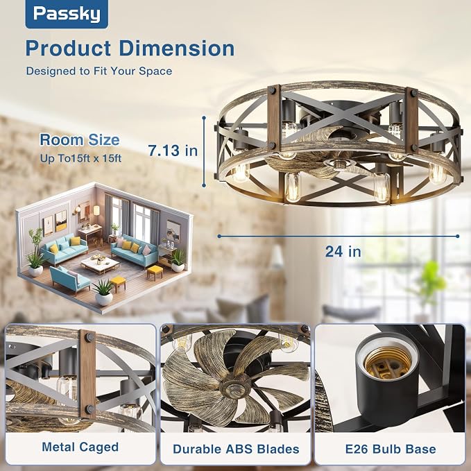 Passky 24" Farmhouse Flush Mount Ceiling Fans with Lights and Remote, Industrial Black Caged Low Profile Fandelier, 6 Speeds Bladeless Ceiling Fan for Bedroom, Kitchen, Living Room