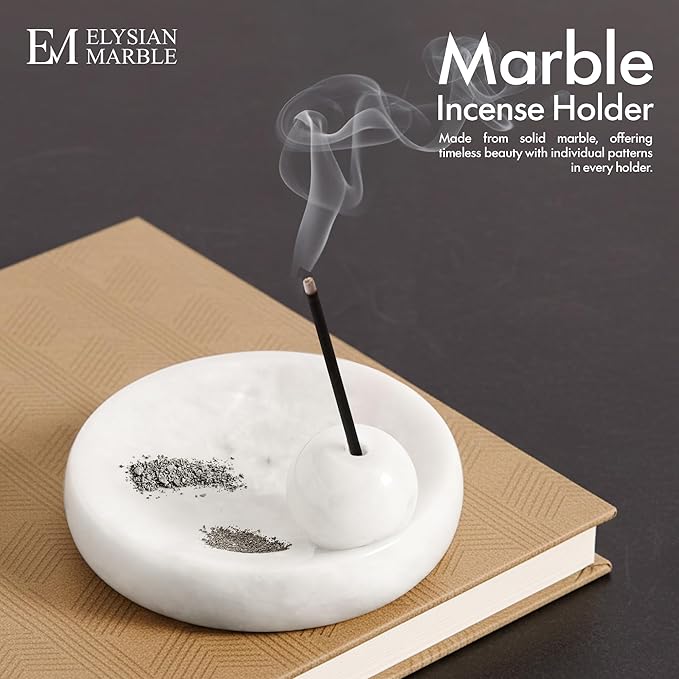 Incense Holder for Sticks, Natural Marble Incense Burner Ash Catcher Plate for Palo Santo, Sage, Meditation, Yoga and Home Decor - White