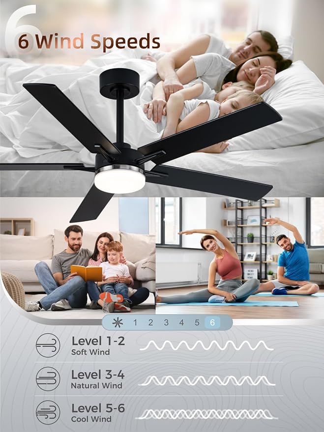 LANMEL Ceiling Fan with Light, Modern Flush Mount Low Profile with Remote Control, Reversible, 3CCT Dimmable, Quiet,LED for Bedroom, Living Room, Indoor/Outdoor Patio Use 52 Inch Silver & Black