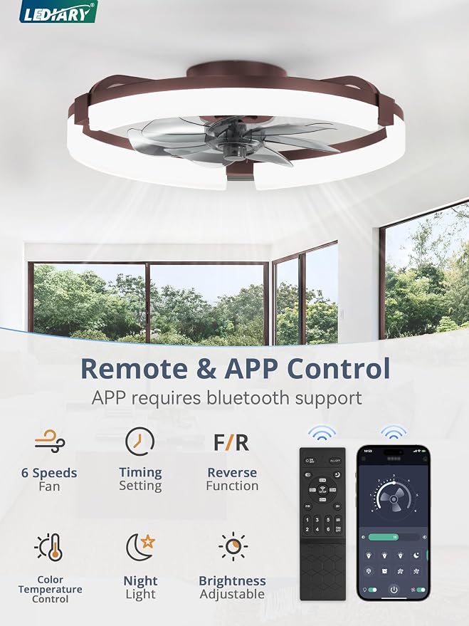 LEDIARY 20" Ceiling Fans with Lights and Remote, Modern Low Profile Ceiling Fan, 3 CCT, Stepless Dimmable, Fandelier Flush Mount Fan Light, 6 Speeds, DC Motor, App & Remote Control for Bedroom(Brown)