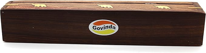Govinda® Wooden Coffin Incense Burner - 12" Elephant - Brass Inlays - Storage Compartment