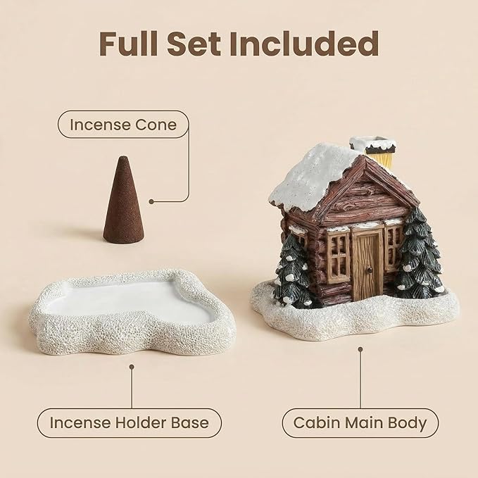 Lovely Log Cabin Incense Burner, Mini Snowy Winter Chimney Cottage Ash Catcher, Yoga Accessories Meditation Accessories, Home Chimney Decorations, 20 Pcs Handmade Incense Cones