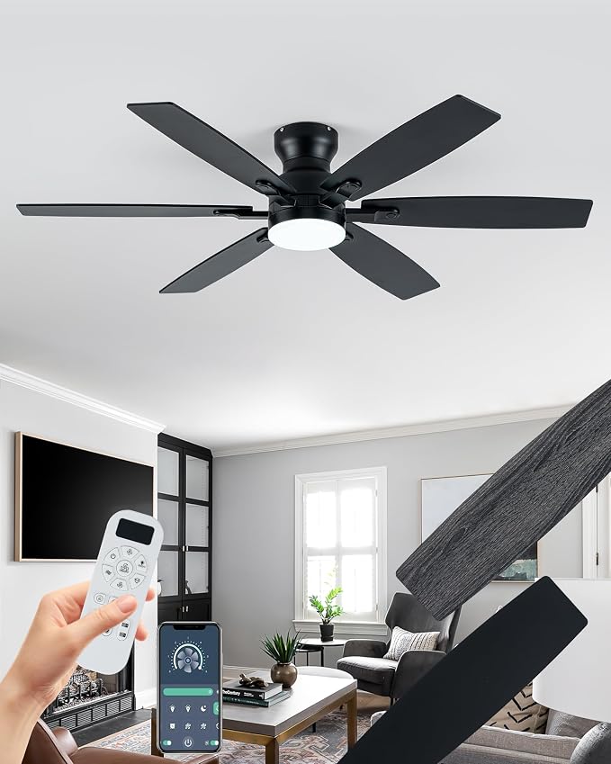 Coolwind 52'" Low Profile Ceiling fan with light, 6 Double-Side blades and APP/Display Remote, 6 Speed Reversible DC Motor, 3CCT Dimmable LED flush mount ceiling fan for Bedroom Living Room, Black